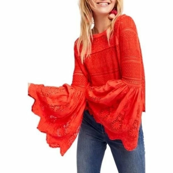🦊 Free people once upon a time crochet knit bell sleeve top - Picture 2 of 14